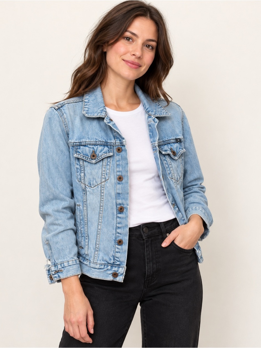 Lucky Brand Light Wash Distressed Denim Trucker Jacket M